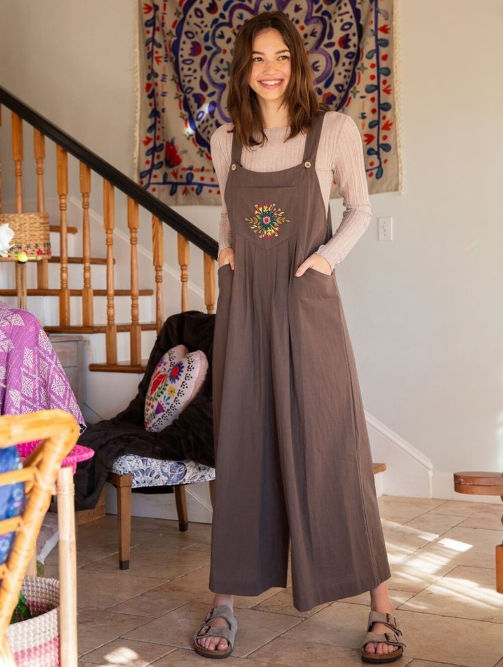 Natural Life Carrington Jumpsuit "Mushroom" brown Wide-Leg Embroidered Pocket L